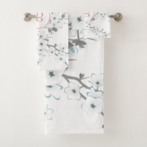 Cherry Blossoms Mint White Rose Gold Monogram Bath Towel Set