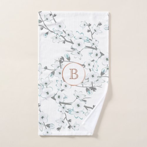 Cherry Blossoms Mint White Rose Gold Monogram Hand Towel