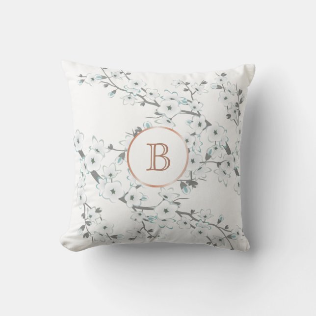 Cherry Blossoms Mint White Rose Gold Monogram Throw Pillow (Front)