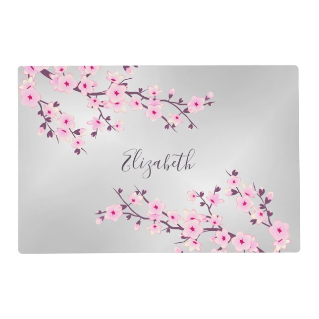 Cherry Blossoms Monogram Pink Silver Add Name Placemat (Front)