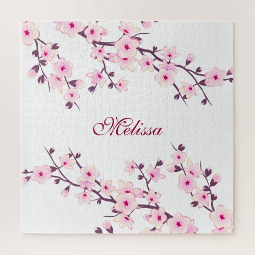 Cherry Blossoms Monogram Pink White Jigsaw Puzzle