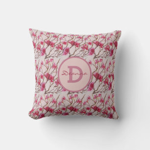 Cherry Blossoms Monogram Watercolor Throw Pillow