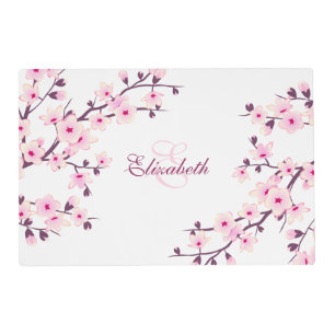 Cherry Blossoms Monogram Your Name Pink White Placemat