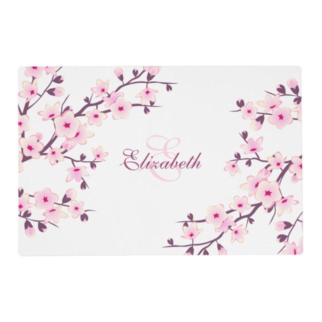 Cherry Blossoms Monogram Your Name Pink White Placemat (Front)