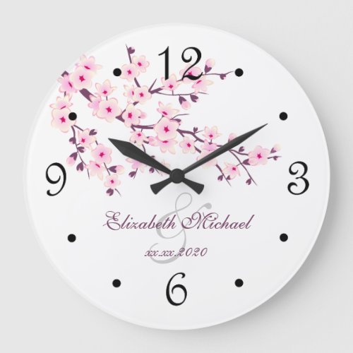 Cherry Blossoms Newlyweds Names White Pink Large Clock