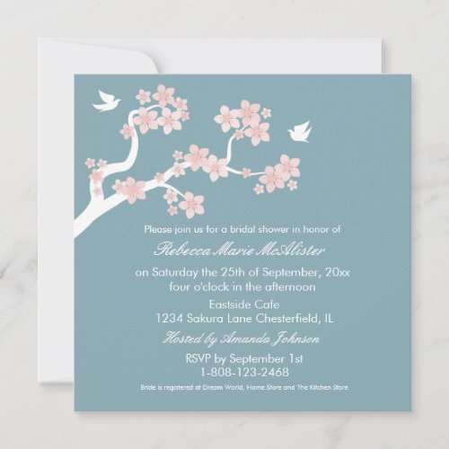 Cherry Blossoms on blue Bridal Shower Invite