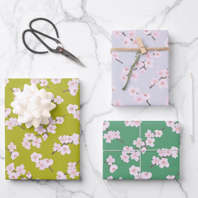 Cherry Blossoms On Chartreuse, Lavender, & Green Wrapping Paper Sheets (Front)