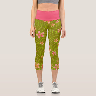 Cherry Blossoms on Green Capri Leggings