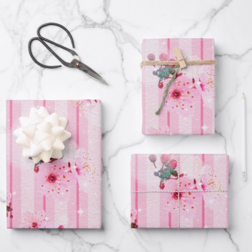 Cherry Blossoms On Pink Striped Pattern Wrapping Paper Sheets