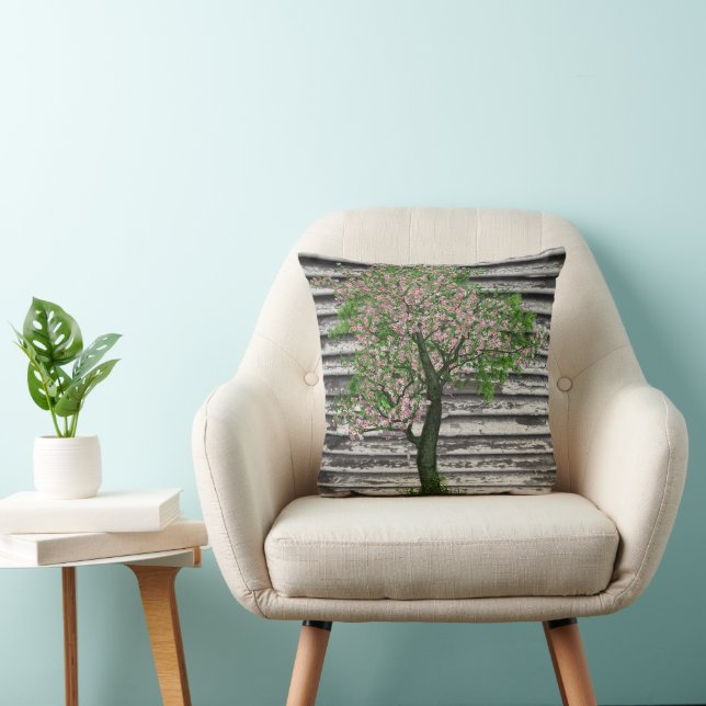 Cherry Blossoms on Rustic Wood Throw Pillow (Chair)