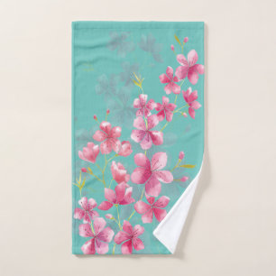 Cherry Blossoms on Teal Hand Towel