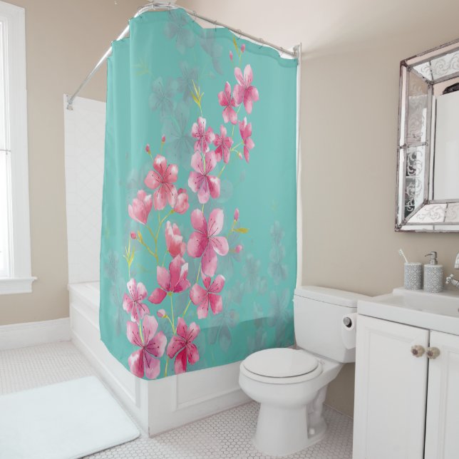 Cherry Blossoms on Teal Shower Curtain (In Situ)