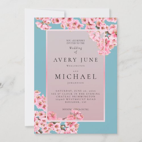 Cherry blossoms on turquois wedding invitation