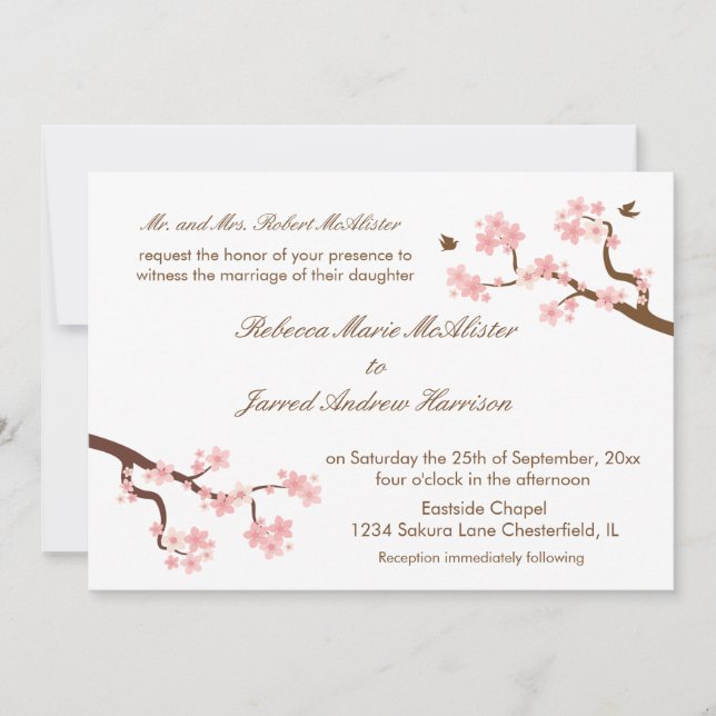 Cherry Blossoms on white Landscape Invite (Front)
