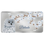 Cherry Blossoms Owl Blue Silver License Plate