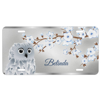 Cherry Blossoms Owl Blue Silver License Plate