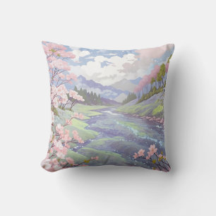 Cherry Blossoms Pastel Watercolor Landscape Throw Pillow
