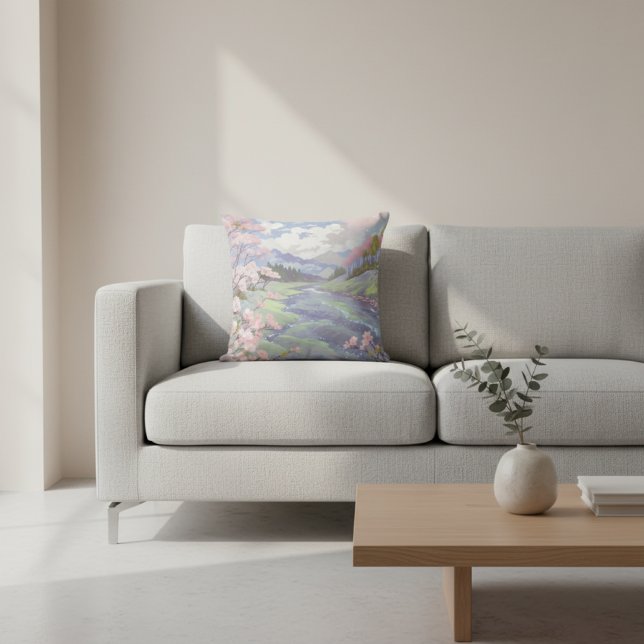 Cherry Blossoms Pastel Watercolor Landscape Throw Pillow (Creator Uploaded)