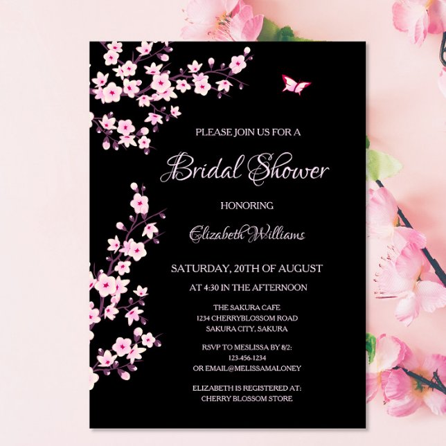 Cherry Blossoms Pink Black Bridal Shower Invitation
