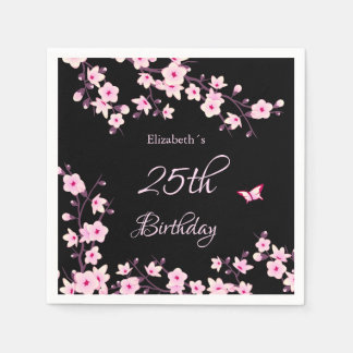 Cherry Blossoms Pink Black Custom Birthday Napkins