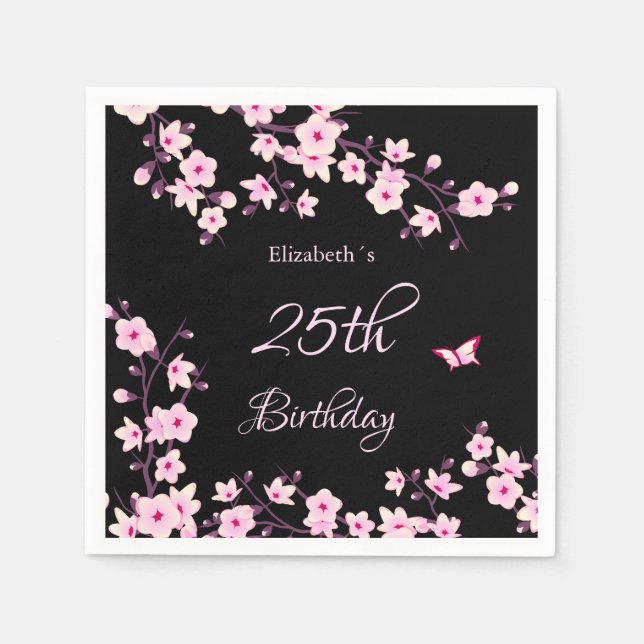 Cherry Blossoms Pink Black Custom Birthday  Napkins (Front)