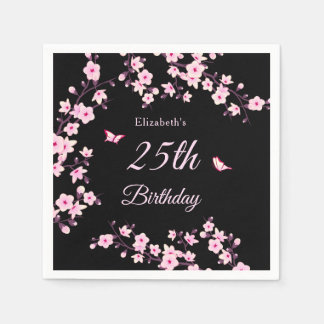 Cherry Blossoms Pink Black Custom Napkins