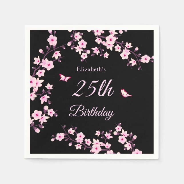 Cherry Blossoms Pink Black Custom Napkins (Front)