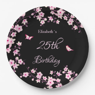 Cherry Blossoms Pink Black Custom Paper Plates