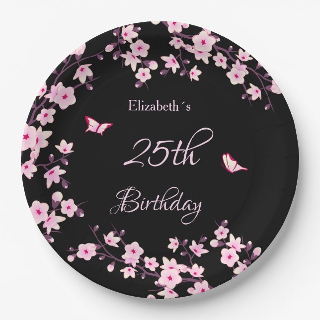 Cherry Blossoms Pink Black Custom Paper Plates (Front)
