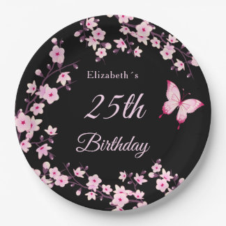 Cherry Blossoms Pink Black Custom Paper Plates