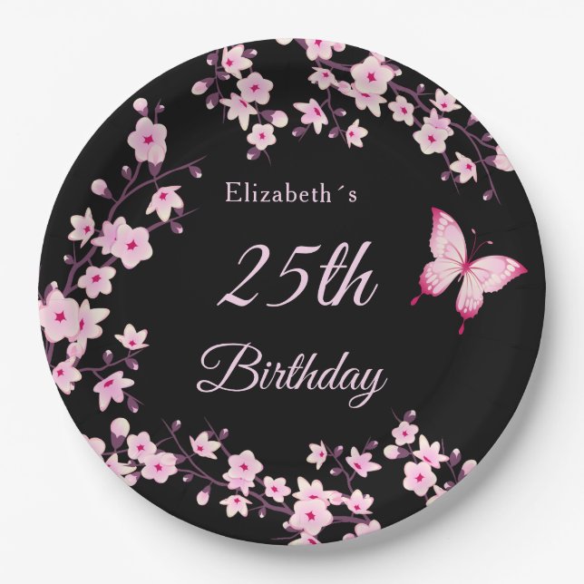 Cherry Blossoms Pink Black Custom Paper Plates (Front)