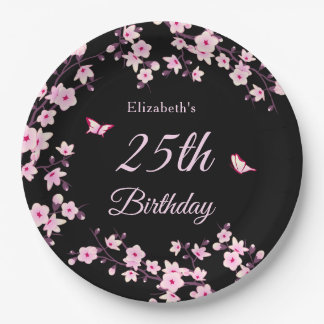 Cherry Blossoms Pink Black Custom Paper Plates