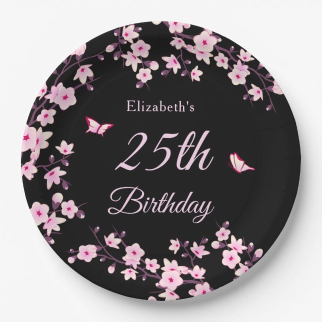 Cherry Blossoms Pink Black Custom Paper Plates (Front)
