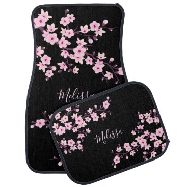 Cherry Blossoms Pink Black Monogram Floral Car Floor Mat