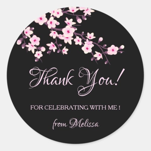 Cherry Blossoms Pink Black Thank You Classic Round Sticker