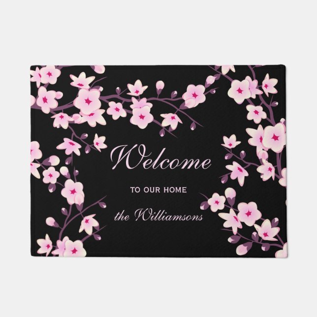 Cherry Blossoms Pink Black Welcome Family Name Doormat (Front)