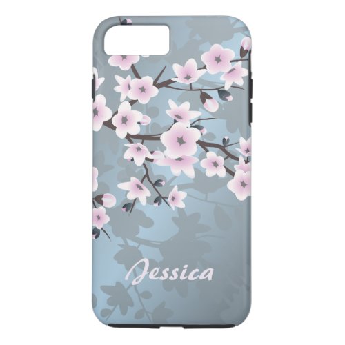 Cherry Blossoms Pink Blue Floral Monogram iPhone 8 Plus7 Plus Case