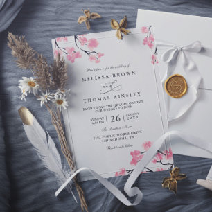 Cherry Blossoms Pink Elegant Chic QR Code Wedding Invitation