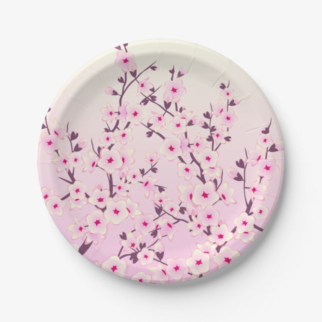 Cherry Blossoms Pink Floral Paper Plates (Front)