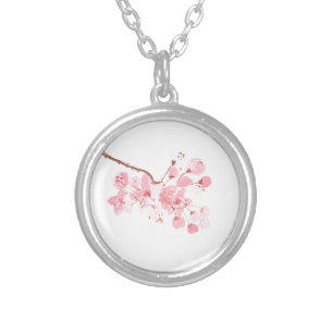 Cherry blossoms pink floral watercolor nature  silver plated necklace