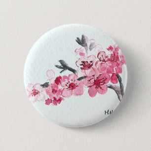 Cherry blossoms pink flowers baby shower pinback button