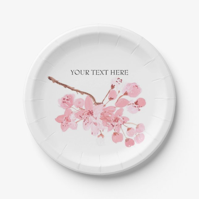 cherry blossoms pink flowers watercolor birthday  paper plates (Front)