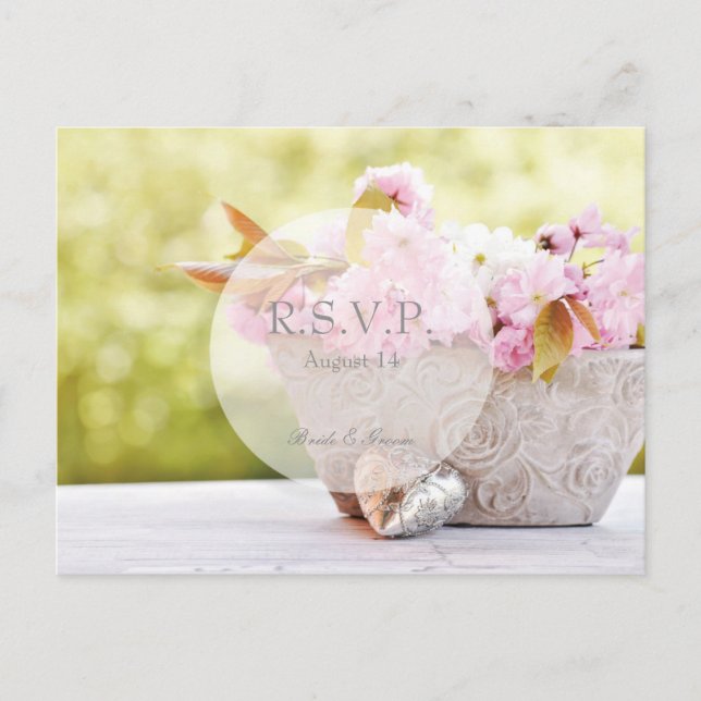 Cherry Blossoms-Pink Flowers Wedding RSVP Invitation Postcard (Front)