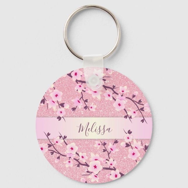 Cherry Blossoms Pink Glitter Add Name Keychain (Front)