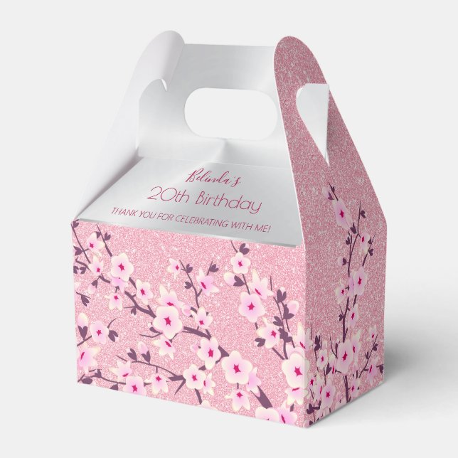 Cherry Blossoms Pink Glitter Custom Birthday Favor Boxes (Front Side)
