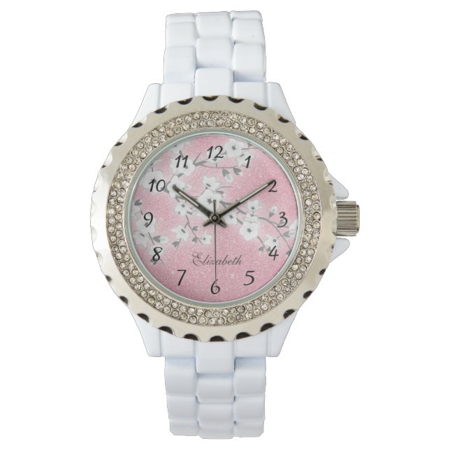 Cherry Blossoms Pink Glitter | Girly Monogram  Watch (Front)