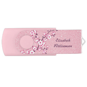 Cherry Blossoms Pink Glitter Monogram Flash Drive
