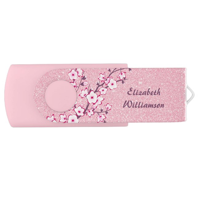 Cherry Blossoms Pink Glitter Monogram Flash Drive (Front)