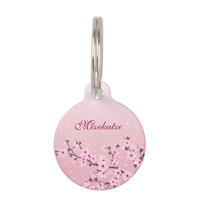 Cherry Blossoms Pink Glitter Personalize Pet ID Ta Tag (Front)
