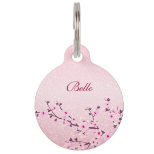 Cherry Blossoms Pink Glitter Personalize Pet ID Tag